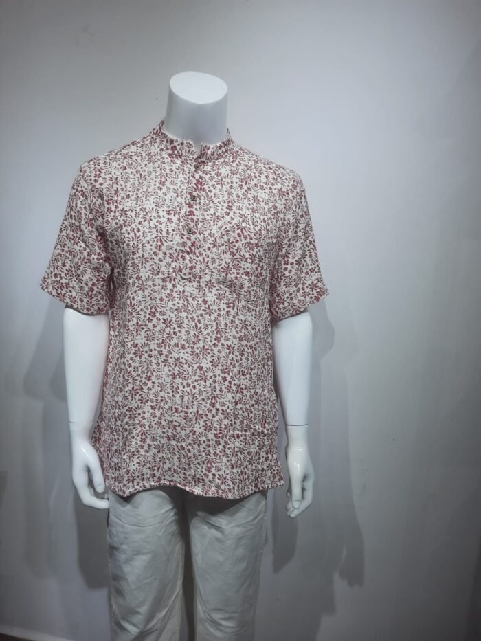 White with Red Floral Print Short Kurta - Image 1