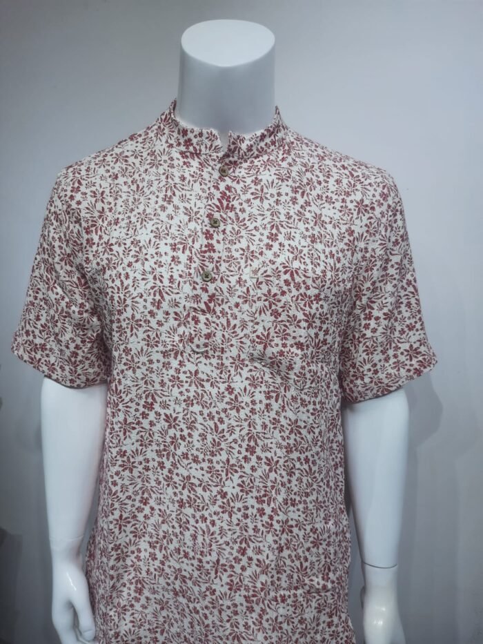 White with Red Floral Print Short Kurta - Image 6