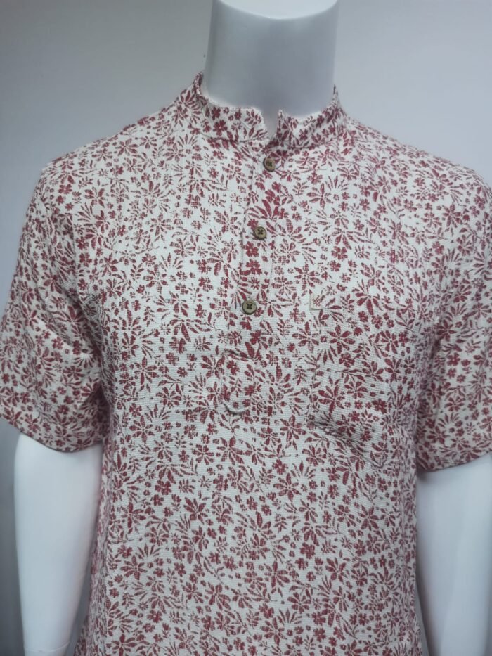 White with Red Floral Print Short Kurta - Image 5
