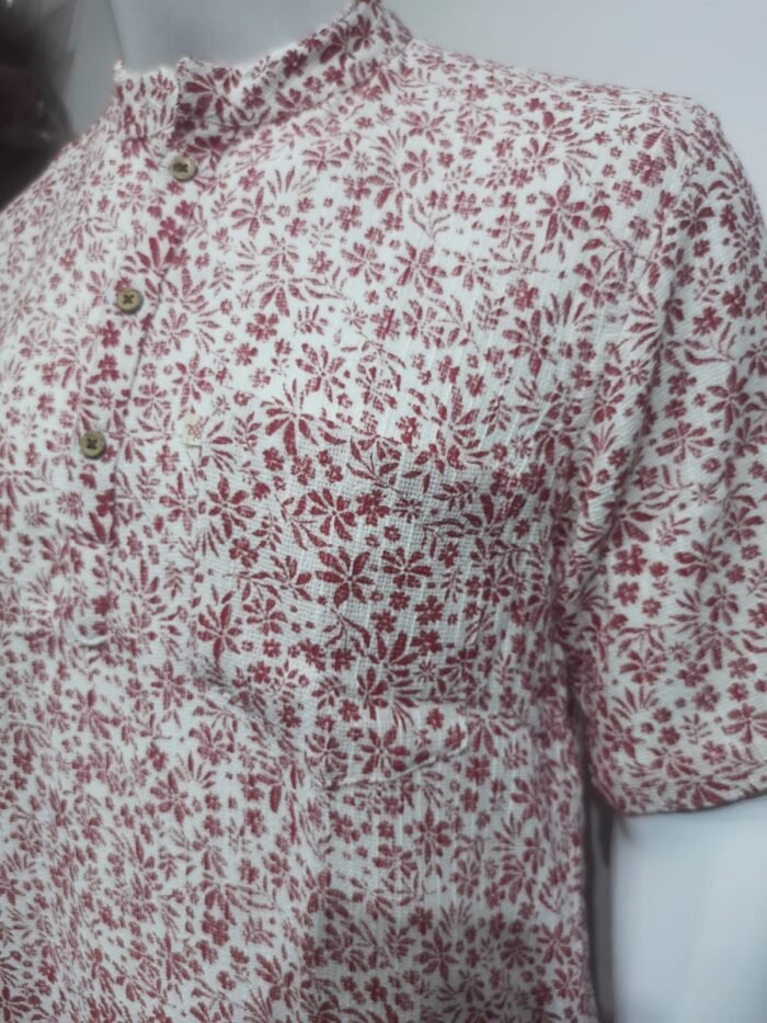 White with Red Floral Print Short Kurta - Image 4