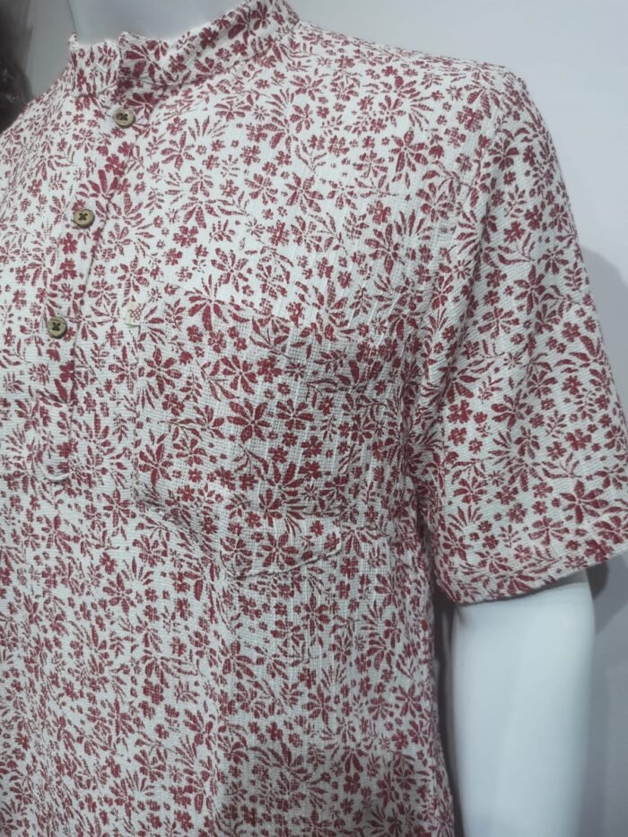 White with Red Floral Print Short Kurta - Image 3
