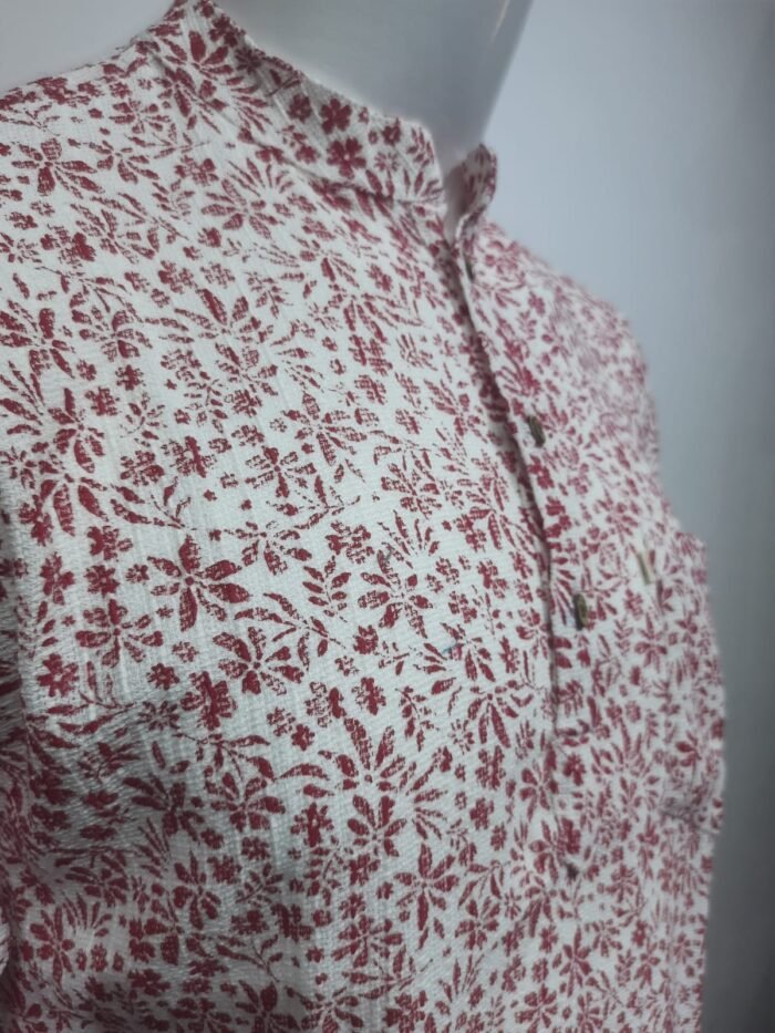 White with Red Floral Print Short Kurta - Image 2
